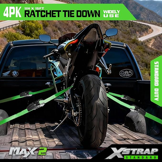 XSTRAP STANDARD Ratchet Tie Down Straps - 4 Pk - 1'' x 15 Ft 1890 Lbs Break Strength-Cargo Straps with Integrated Soft Loops, Padded Handles & Coated S Hook W/Safety Clip for Motorcycle, Truck (Green)