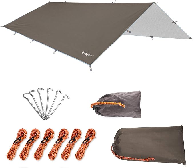Unigear Hammock Rain Fly, 16.5/14.4/13.1/9.8ft Camping Tarp, UV Protection & Waterproof & Lightweight for Camping, Backpacking and Outdoor Adventure (Brown, 9.8 * 13.1ft)
