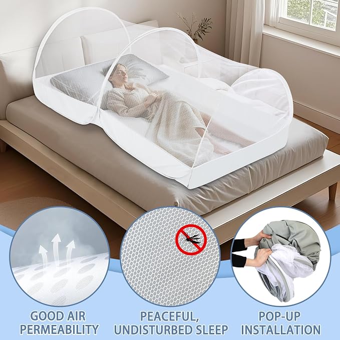 Mosquito Net for Bed - Pop Up Bed Tent - Portable Travel Mosquito Net, Mosquito Netting for Suitable for Baby, Adult Bedroom, Camping, Napping, Patio (White)