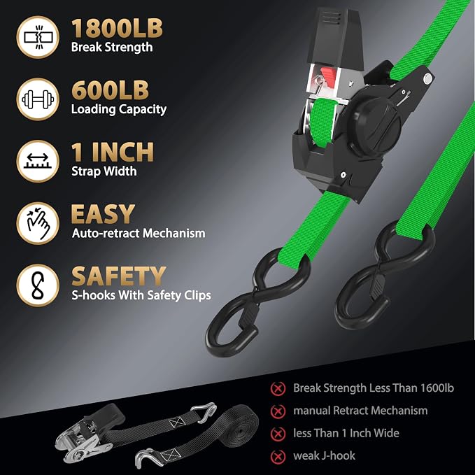 10FT Retractable Ratchet Straps(2-Pack) - 1 Inch (1800 LB Break Strength) Heavy Duty Self Retracting Ratchet Straps with Soft Loops & Storage Bag for Household, Motorcycle, Truck, ATV(Green)