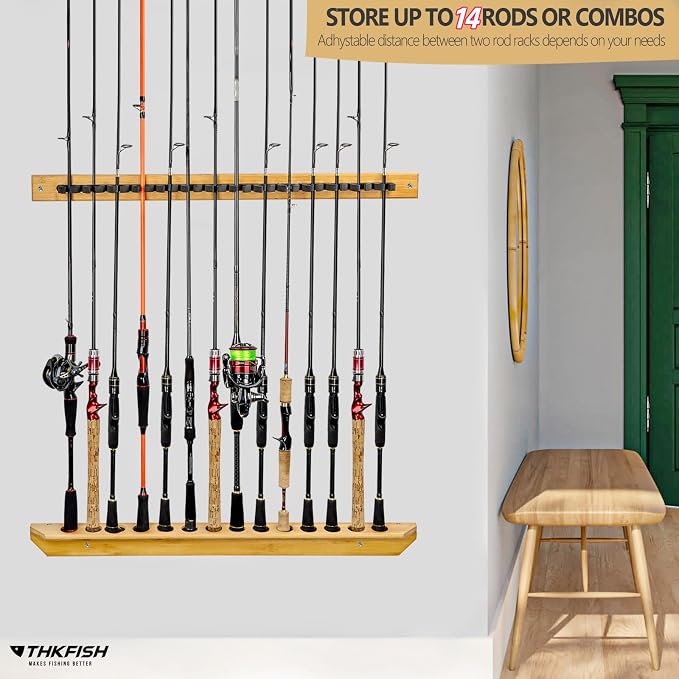 THKFISH Fishing Rod Racks Fishing Rod Holders for Garage Wood Fishing Pole Wall Rack Store 14 Fishing Rod Combos,1 Pair