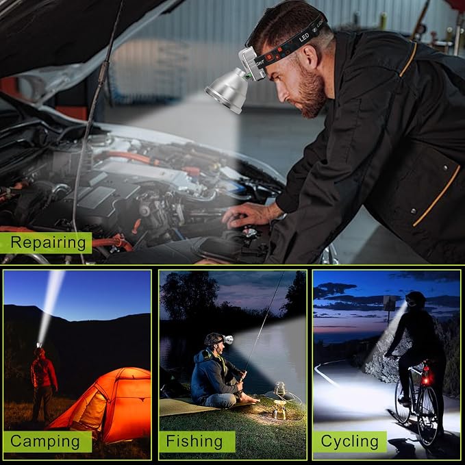 Rechargeable LED Headlamp with Flood and Spot Beam, Power Display, 5 Lighting Modes, Ultra Bright High Lumen Waterproof Head Torch for Camping, Running, Hiking, Fishing, Hunting and Outdoor Activities