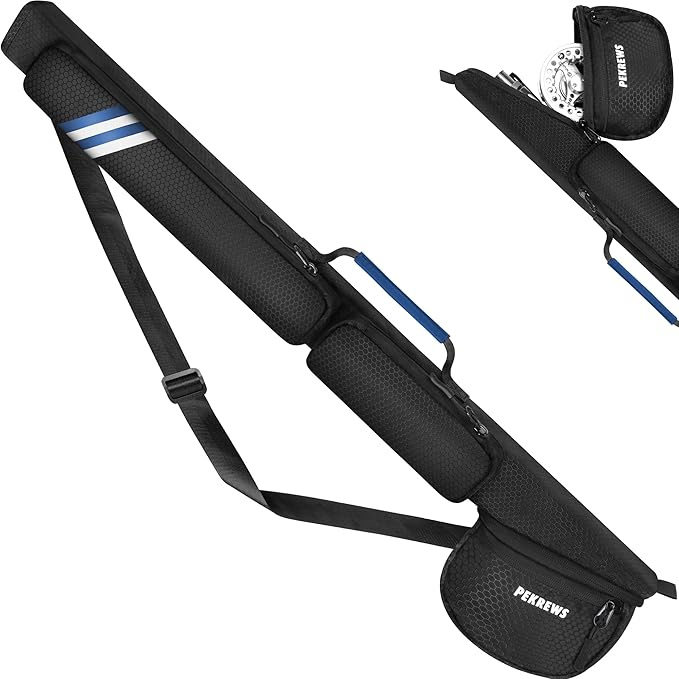 PEKREWS Fly Rod Case, 30.5" Fishing Rod Bag Fit 9' 4-Piece Fly Rod and Reel with 2 Side Pockets, Padded Reel Pouch, Hard Travel Fly Rod Tube with Shoulder Strap, Fishing Pole Holder For Angler, Blue