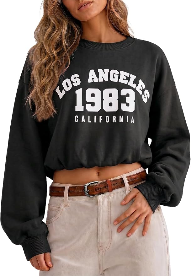 Flowyair Womens Crewneck Sweatshirt Los Angeles Elastic Waist Crop Tops | Long Sleeve, Loose Fit, Fall Spring, Pullover Tops, Round Neck, Elasticated Hem