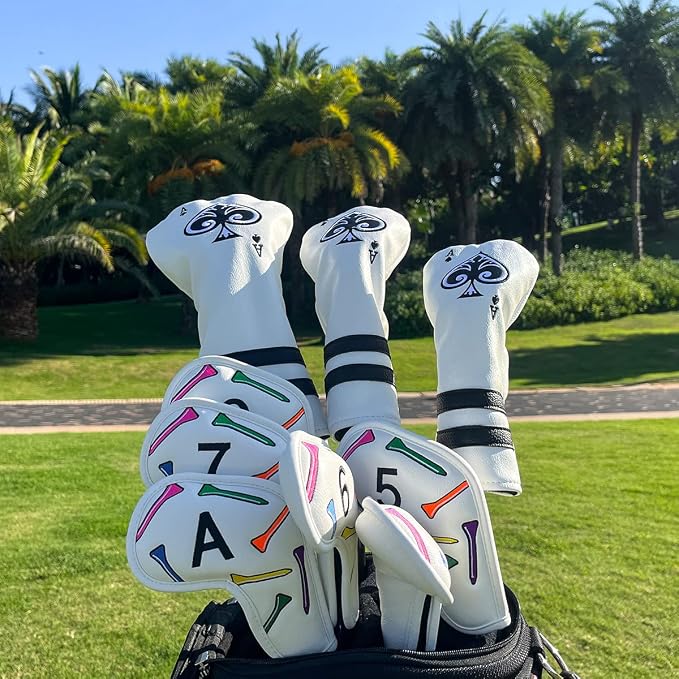Ace Wood Club Headcover - 3pcs or 1pc - Driver/Fairway Woods/Hybrid Rescue - White Leather Golf Club Cover