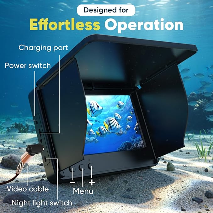 Underwater Fishing Camera with 5" IPS Monitor, 1000TVL, 178° Wide-Angle, IP68 Waterproof, 12 IR Night Vision, 98ft Cable, 8000mAh Battery—Fish Finder Video System for Ice, Lake, River & Boat