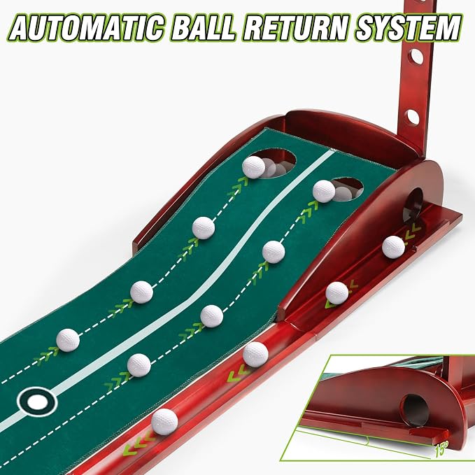 Golf Putting Mat Indoor with Automatic Ball Return, Premium Velvet Golf Practice Mat with Wooden Base, Dual Hole Sizes, Distance Markers, Indoor Putting Green for Home Office Golf Training