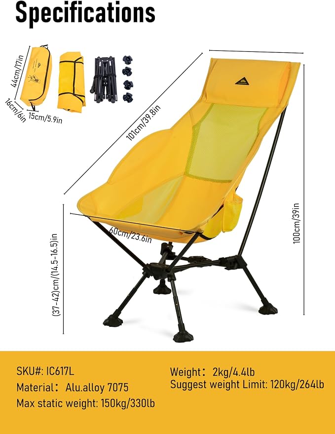 iClimb Ultralight Compact Camping Folding Beach Chair with Anti-Sinking Large Feet (Yellow - Triangular Frame High Back - 2PC)