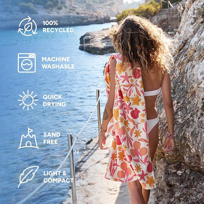 Dock & Bay Beach Towel - Quick Dry, Sand Free - Compact, Lightweight - 100% Recycled - Includes Bag - Tangerine Tide - Extra Large (200x90cm, 78x35)