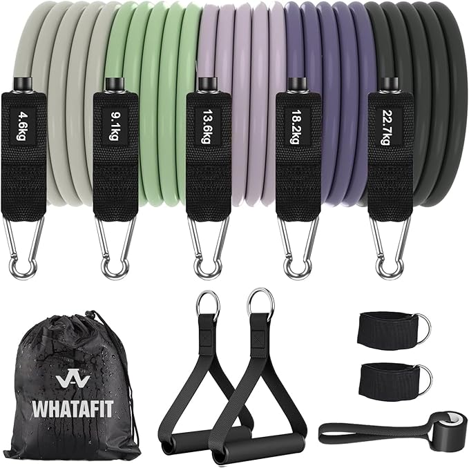 WHATAFIT Resistance Bands, Exercise Bands, Workout Bands with Handles, Door Anchor and Ankle Straps, 5 Resistance Levels Fitness Bands for Strength Training, Physical Therapy, and Home Gym Equipment