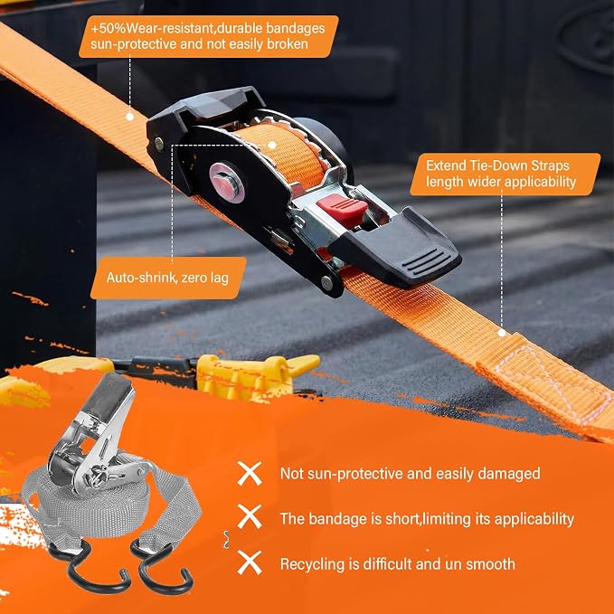 1" x 10' Self Retracting Ratchet Straps (2-Pack) - Orange Heavy Duty Tie Downs with Auto-Retract, 1540lb Break Strength for Truck, Motorcycle, ATV, UTV, Cargo Trailer