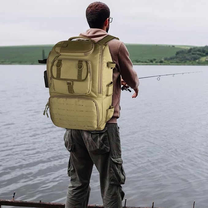 Hp hope Fishing Backpack with Rod Holders & Cooler, 40L Fishing Tackle Bag Fishing Tackle Storage Backpack Fishing Gear for Camping, Khaki