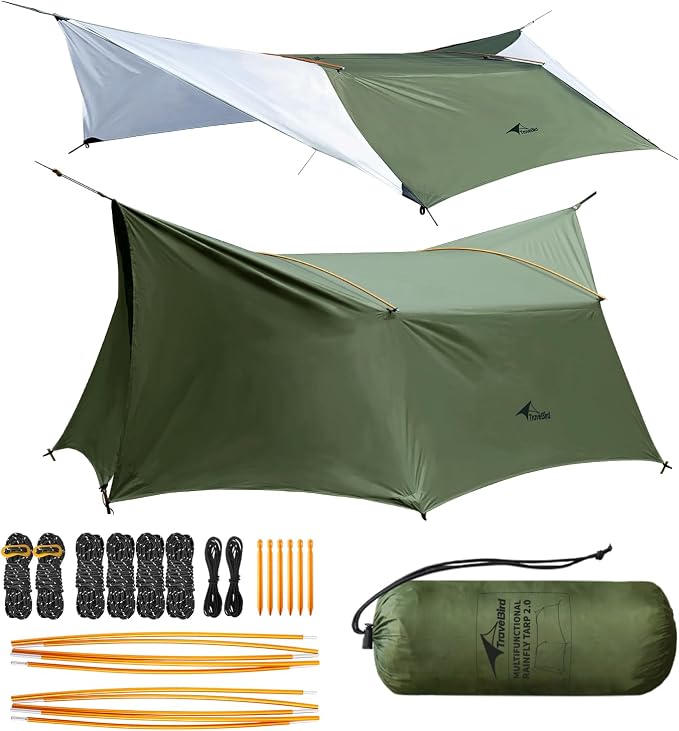 14ft Hammock Rain Fly Lightweight Waterproof Camping Tent Tarp with Doors and Dual Support Poles, Bushcraft Tarp Shelter for Backpacking Hiking Camping