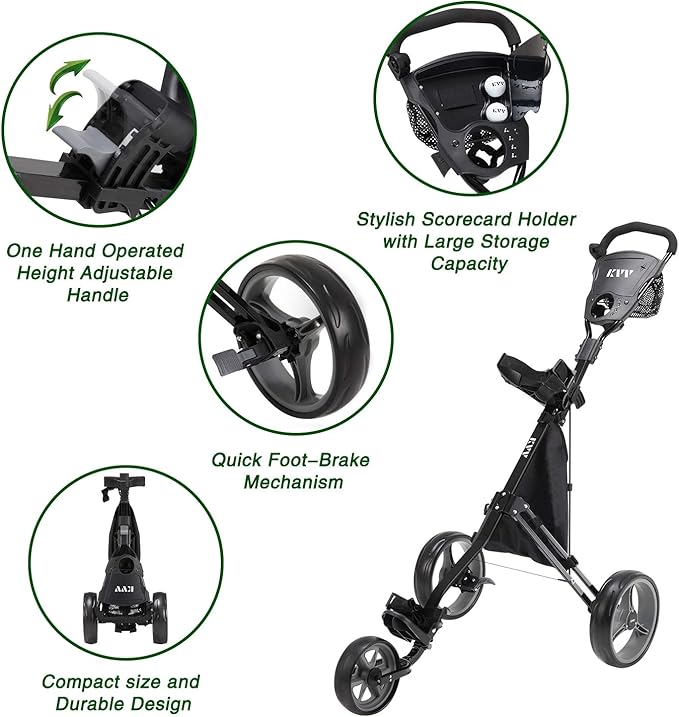 KVV Foldable Lightweight 3 Wheel Golf Cart with Stylish Scorecard Holder, Storage Bag-Easy to Open and Close