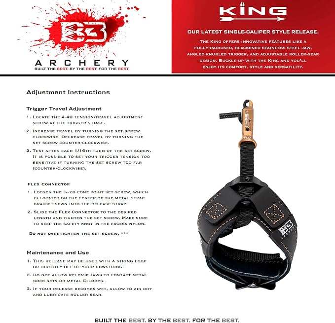 B3 Archery King Single-Caliper Wrist Strap Archery Compound Bow Arrow Release Aid Trigger w/Adjustable Travel, Roller-Sear Blackened Stainless Steel Jaw, Standard Wrist Strap