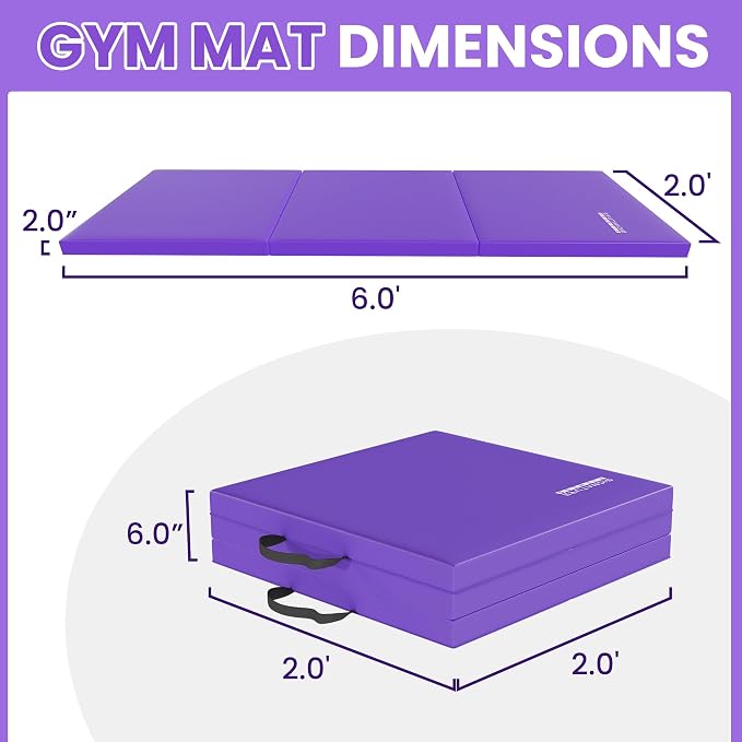 Fitvids Folding Exercise Gymnastics Mat for Tumbling, 2'x6'x2" Gym Workout Mat with Carrying Handles High-Density Anti-Tear Portable Fitness Aerobics Mats for Home Gym Yoga Pilates MMA Core Training