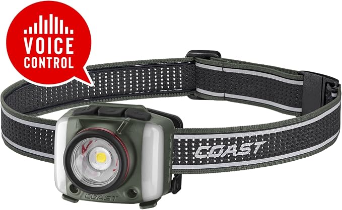 Coast FL97R Voice-Controlled 1200 Lumen Rechargeable LED Headlamp with Pure Beam Spot & Flood, ARC Lighting, Red & Green Color Modes, Glide Focus Radial Arm Dial and USB-C Charge Port, Forest Green