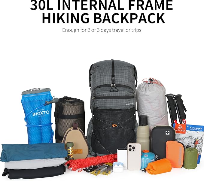 IX INOXTO Hiking Backpack for Men and Women, 30L Waterproof Camping Backpack with 3L Water Bladder and Rain Cover, Lightweight Outdoor Sport Travel Daypack Rucksack for Climbing Cycling (Dark gray)