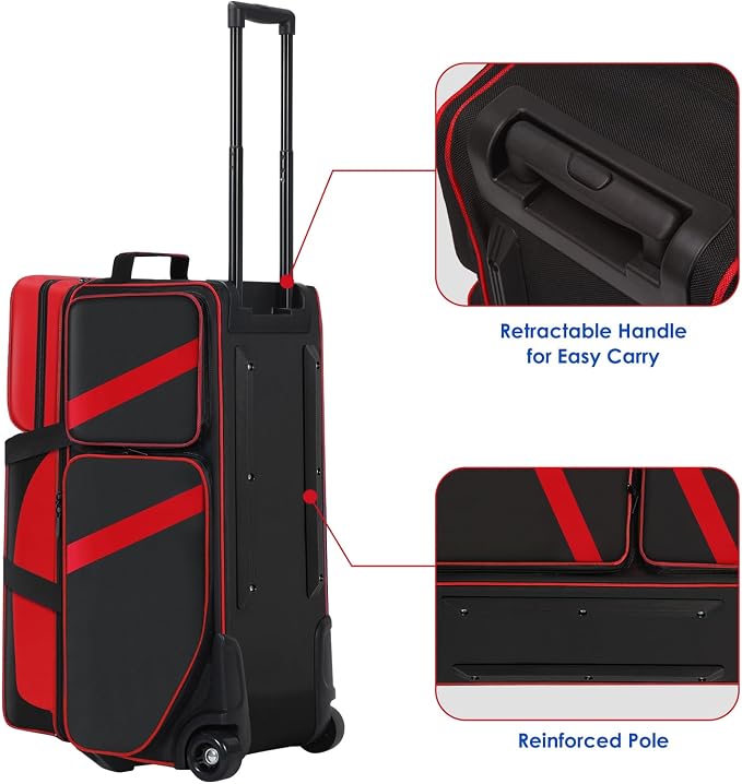 3 Ball Bowling Roller Bag with Smooth Wheels & Shoe Compartment, Heavy Duty 3 Ball Bowling Bag with Retractable Handle, Large Capacity Bowling Bag with Multi-pockets for Tournament, Travel, League
