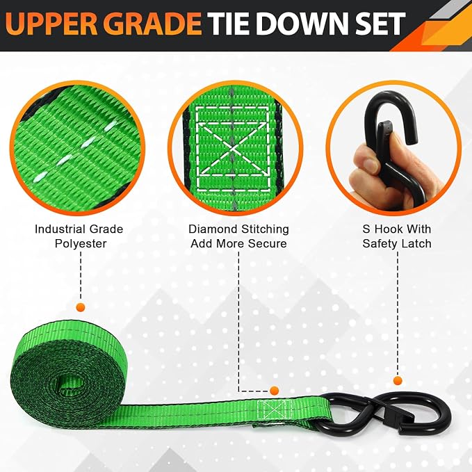 Ratchet Tie Down Straps Set, 2100 LBS Breaking Strength, 4 Pack 1" x 15' Heavy Duty Ratchet Straps, Cargo Strap, Motorcycle Straps for Trucks, Bicycle, Kayak, Moving, Tie Downs with S Hooks, Green