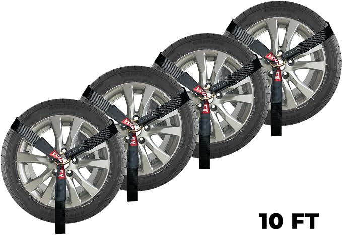Vehiclex Wheel Tie Down Lasso Straps - 2" x 10' O-Ring Straps (4 Pack) - Ideal Over The Wheel Tie Downs