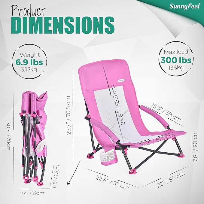 SUNNYFEEL Folding Low Beach Chair 2 Pack - Lightweight Portable Lawn Chair with Mesh Back, Cup Holder for Outdoor/Travel/Picnic/Concert, Foldable Camp Backpack Chair with Carry Bag