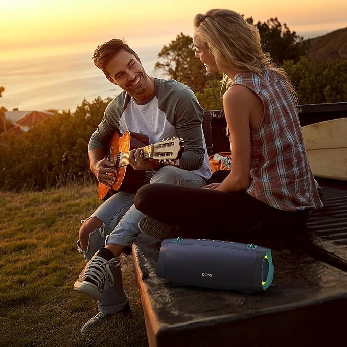 DOSS Extreme Boom Pro D100, 70W Bluetooth Speaker with Deep Bass, IPX6 Waterproof, 10400mAh 24H Battery, Built-in Power Bank, TWS Stereo Pairing & Beat-Sync Lights for Outdoor Camping Party – Black