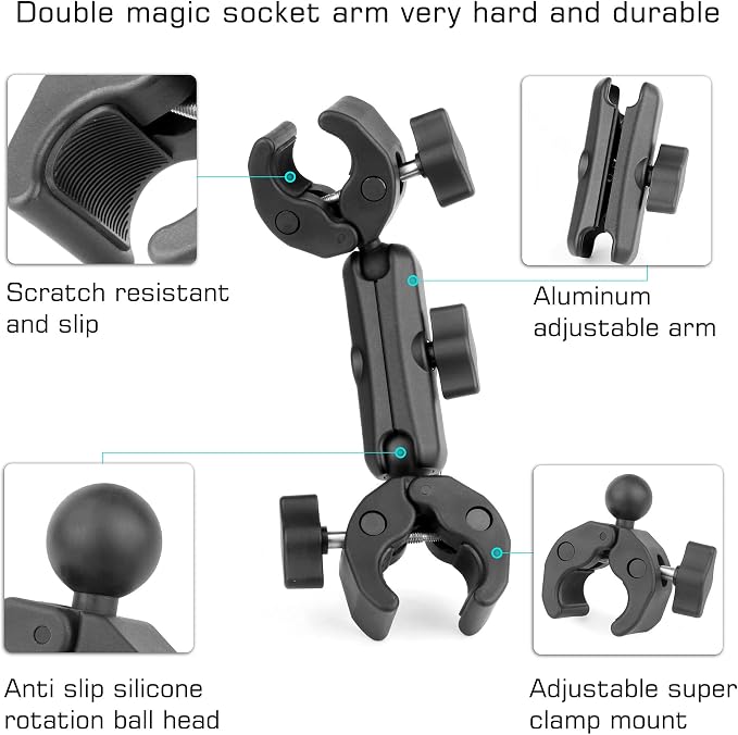 GEPULY Umbrella Clamp for Chair 5.5lb Load, 20-50mm Double Super Camera Mount, Aluminum Magic Arm Dual Ball Head Heavy Duty for Handlebar/Tripod/Stroller Wheelchair/Desk/Pole/Cross Bar/Motorcycle