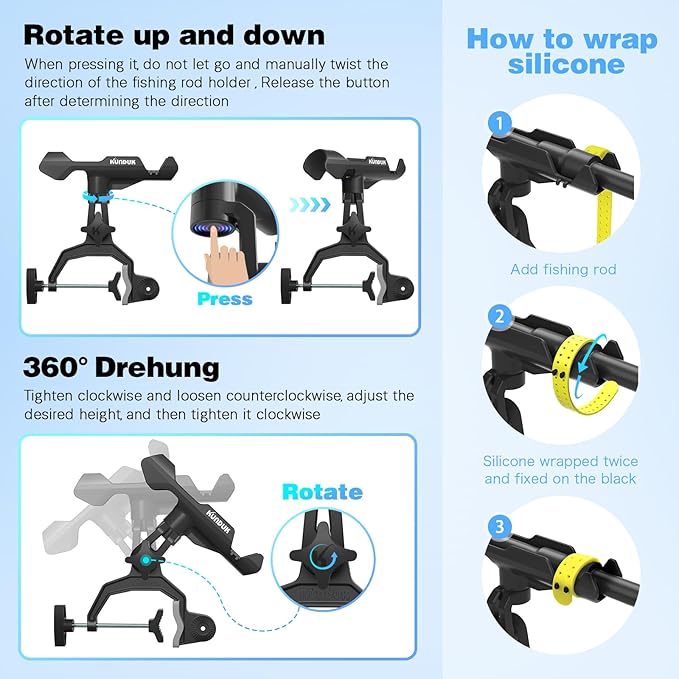 Upgraded Fishing Rod Holder with Button-Lock 360° Dual Rotation,Universal Silicone Strap & Enlarged V-Clamp Fits Round/Square Tubes,Secure Adjustable Boat Fishing Gear for All Rod