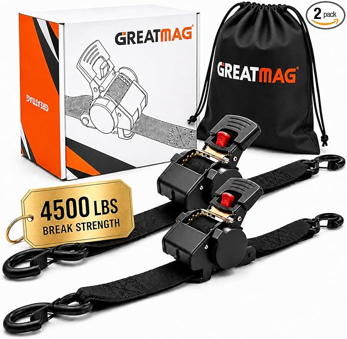 Auto Retractable Ratchet Tie-Down Straps 4500 lbs, 2in × 10ft Ratchet Straps, Heavy Duty S-Hooks, for Cargo, Trucks, Trailers, Blcak, 2 Pack, Damped Rewind