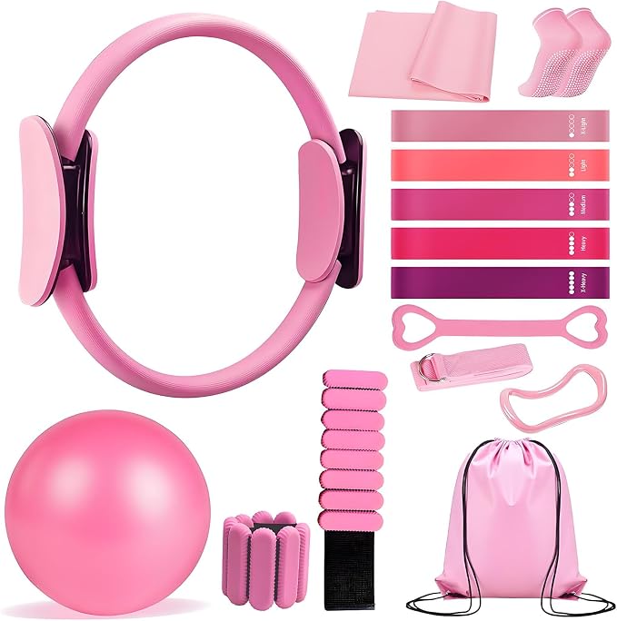 Pilates Ring Set with Adjustable Resistance - Full Body Workout Kit for Women, Portable Travel Bag & Anti-Slip Accessories