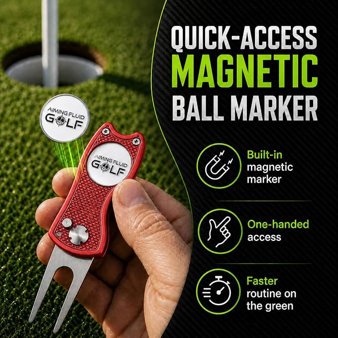 Golf Divot Repair Tool — 5-in-1 Golfing Ball Marker, Pitch Mark Repair, Putting Alignment, Club Tee, and Groove Cleaner, Accessory Metal Switchblade Design - Ideal Gift for Golfers