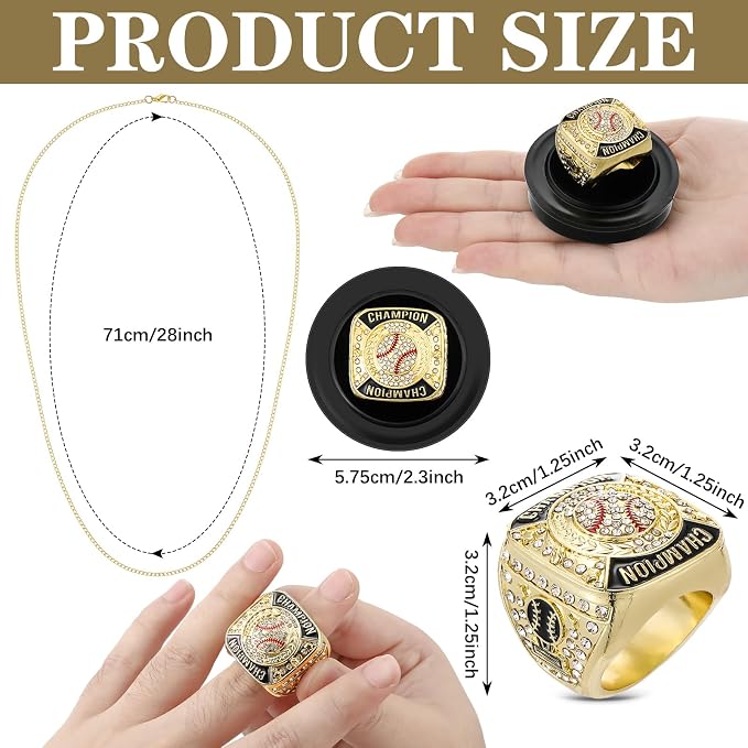 Landical 6 Pack Baseball Rings Softball Championship Rings Ball Games Championship Trophy Rings Sport Award Gift with Display Neck Chain and Stand for Tournament or League Champion Winner