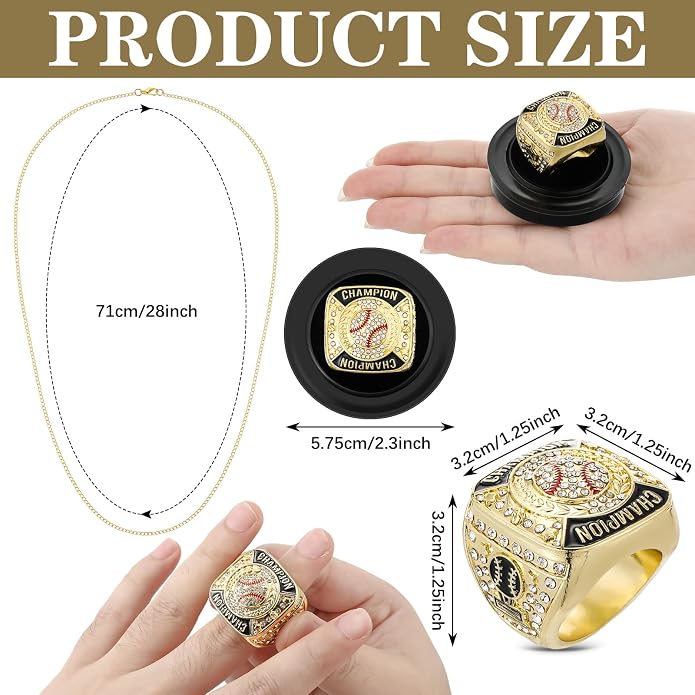 Landical 12 Pcs Baseball Championship Rings Ball Games Championship Trophy Rings Sport Ball Award Gift with Display Neck Chain and Stand for Tournament or Champion Winner