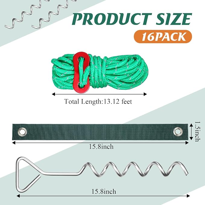 Sintuff 16 Set Tree Stakes and Supports Kit for Anti Hurricane Leaning Trees Straightening Heavy Duty 15. 75" Spiral Tree Stake with 13. 12 ft Ropes and 15. 75'' Support Straps (Green)