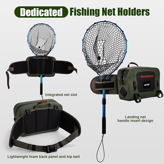 Goture Waterproof Fishing Waist Pack,IPX8 840D TPU Large Tackle Bag with Rod Holder,Airtight Zipper Closure,Detachable Water Bottle Holder, 10L Fly Fishing Bag with Adjustable Strap,Sling Fanny Pack