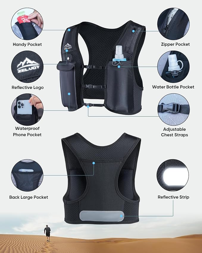 Zelvot Running Vest for Women Men, Adjustable Running Phone Holder Vest, USA Original Patent, Running Hydration Vest with 500ml Soft Flask, Reflective Running Backpack for Hiking Cycling