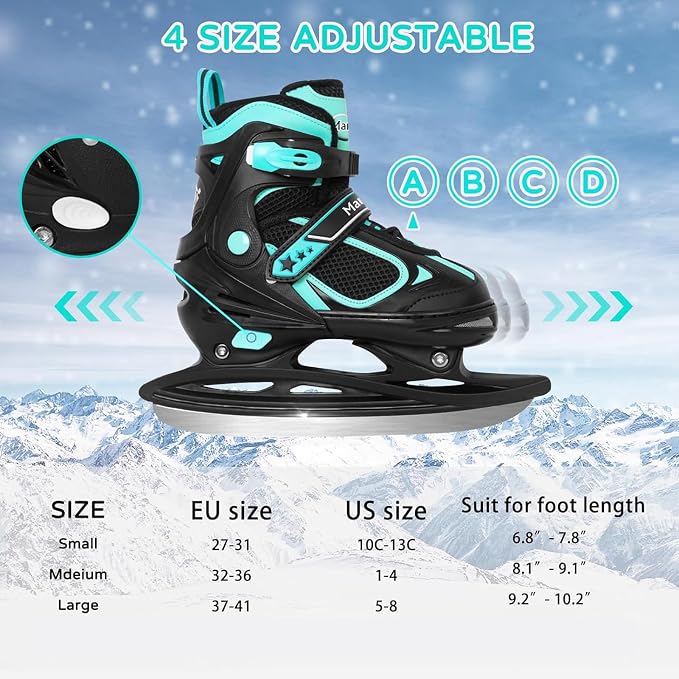 MammyGol Adjustable Ice Skates for Kids Youth Tean Hockey Lace-Up Boys or Girls Ice Skate for Beginner Age 4-12 Blue Black Teal Green