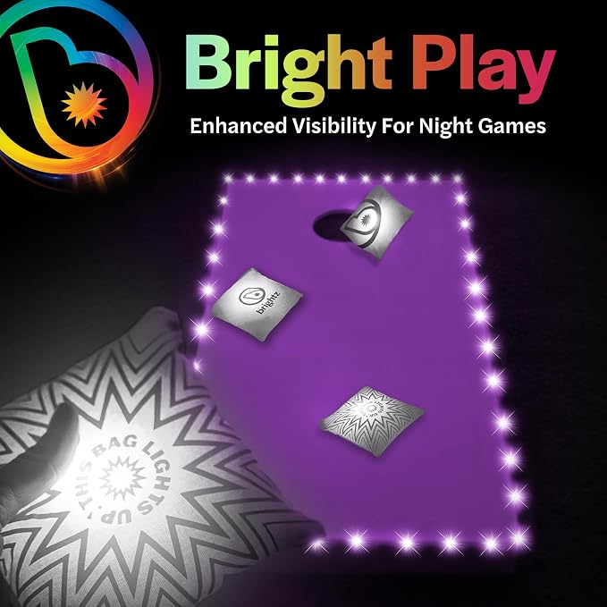 Brightz Cornhole Board Edge Lights with LED Bags - Includes 4-Pack of LED Cornhole Bags + TossBrightz Cornhole Board Edge Lights - The Ultimate Night Time Cornhole Master Set
