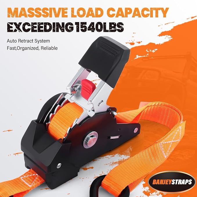 1" x 10' Self Retracting Ratchet Straps (2-Pack) - Orange Heavy Duty Tie Downs with Auto-Retract, 1540lb Break Strength for Truck, Motorcycle, ATV, UTV, Cargo Trailer