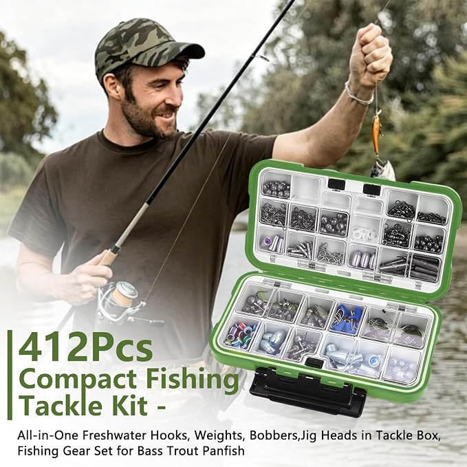 412Pcs Fishing Tackle Kit with Box,Fishing Gift for Men(Green) | Complete Fishing Accessories Kit-Hooks,Eye Beads,Sinkers&Swivels,Beads&Bobber Stops,Pliers for Freshwater Bass&Trout