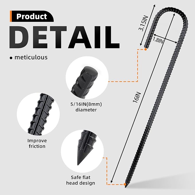 Garden Stakes Galvanized Steel, 16IN J Hook Ground Anchors Heavy Duty Rebar Stakes for Outdoor Decorations, Tent, Fencing and Landscape 8 Pack