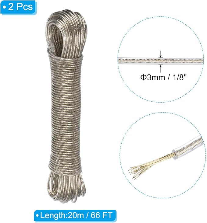 PATIKIL Plastic Coated Clothesline, 2 Pack 1/8 Inch x 66 FT Extra Strong Steel Core Clothes Lines Wire for Drying Clothes, Outside Hanging, Clear