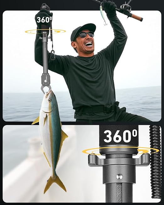 GOLDEN J 16" Fish Lip Gripper - Heavy-Duty & Saltwater Proof, Aircraft-Grade Aluminum Alloy, 60LB Capacity, Non-Slip 360° TPR Swivel Handle & Anti-Escape Push Rod, for Surf, Ice, Fresh/Saltwater