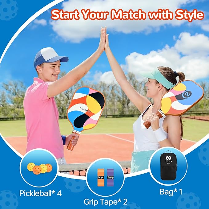 niupipo Pickleball Paddles Set of 2 or 4, USAPA Approved Fiberglass Pickleball Paddle Set with Balls and Bag, Polypropylene Honeycomb Core, Lightweight Pickleball Paddles for Beginners Men Women