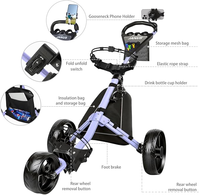 JANUS Golf Push Cart 3 Wheel, Foldable with One-Click Folding, Compact Golf Bag Cart, Wide EVA Wheels, Foot Brake, Elastic Wing Straps, Cooler Bag, Phone Holder or Gooseneck Holder