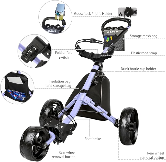 JANUS Pace Golf Push Cart with Integrated Gooseneck Viewing System, 3-Wheel Foldable Golf Cart with One-Click Folding System, EVA Wheels, Foot Brake, Cooler Bag & Golf Bag Support System