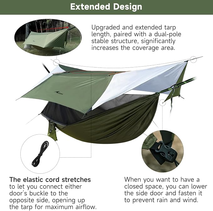 14ft Hammock Rain Fly Lightweight Waterproof Camping Tent Tarp with Doors and Dual Support Poles, Bushcraft Tarp Shelter for Backpacking Hiking Camping