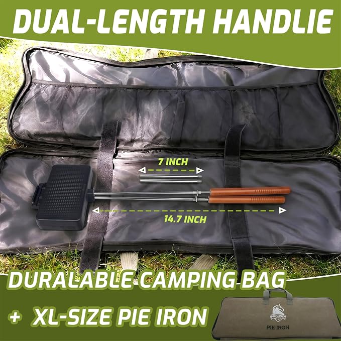 Campfire Pie Iron 8.6" Large Cast Iron Sandwich Maker for Camping with Storage Bag - 21.7 inch Adjustable Handles - Campfire Cooking Equipment for Grilling & Outdoor Cooking
