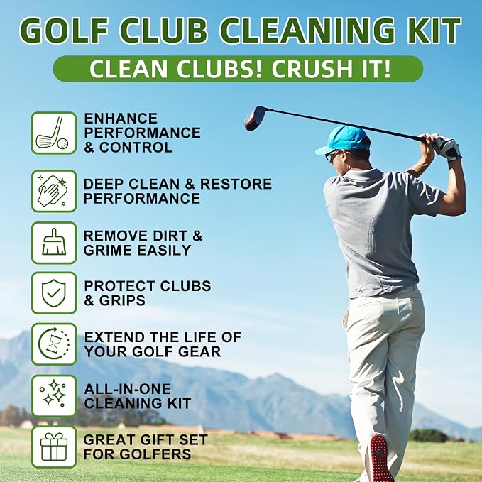 Pro Golf Club Cleaning Kit – Cleaner, Polish, Grip Cleaner, Brush, Towel & Bag | Restores Irons & Drivers, Removes Rust & Scratches, Renews Grip | Golf Gifts for Men